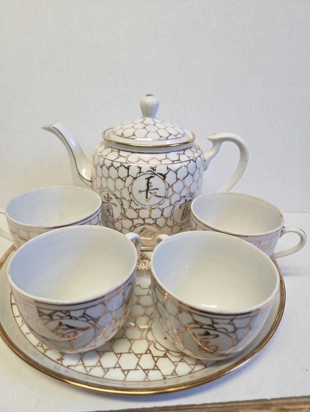 Rare Vintage Chinese White Gold Mun Shou Porcelain 6-Pc Tea Set